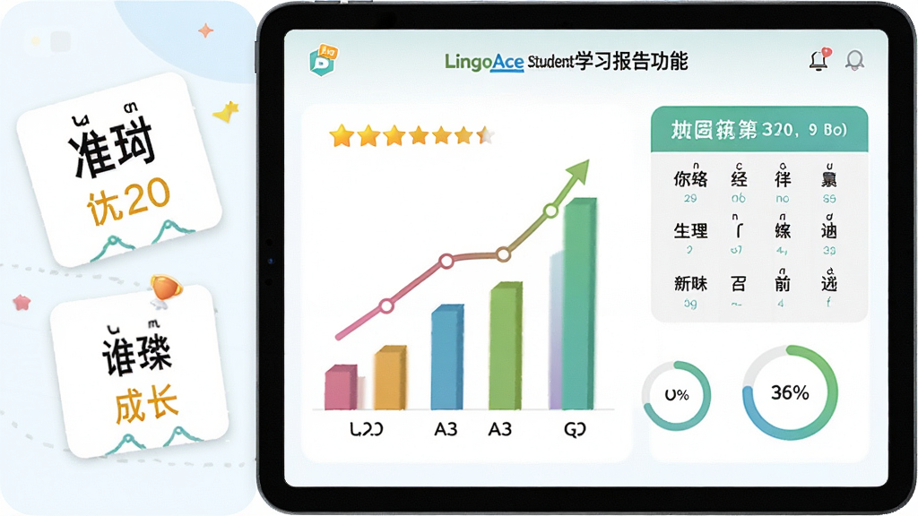 一张展示LingoAce Student学习报告功能的界面图,画面主体是一台平板电脑屏幕,屏幕上显示彩色柱状图和成长曲线,旁边有汉字卡片和拼音标注,布局为左图右表的信息排版,风格为清新的教育类UI设计,细节包含星星评分图标和进度圆环,画质清晰干净,无多余元素。