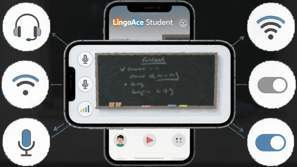 一张LingoAce Student移动端使用技巧示意图,画面主体是一部手机横屏显示直播课堂界面,屏幕旁边有耳机、WiFi信号图标和权限开关示意图,布局为手机居中、图标环绕式排版,风格为简洁的科技说明图,细节包括麦克风图标和网络信号格,画质清晰干净,无多余元素。