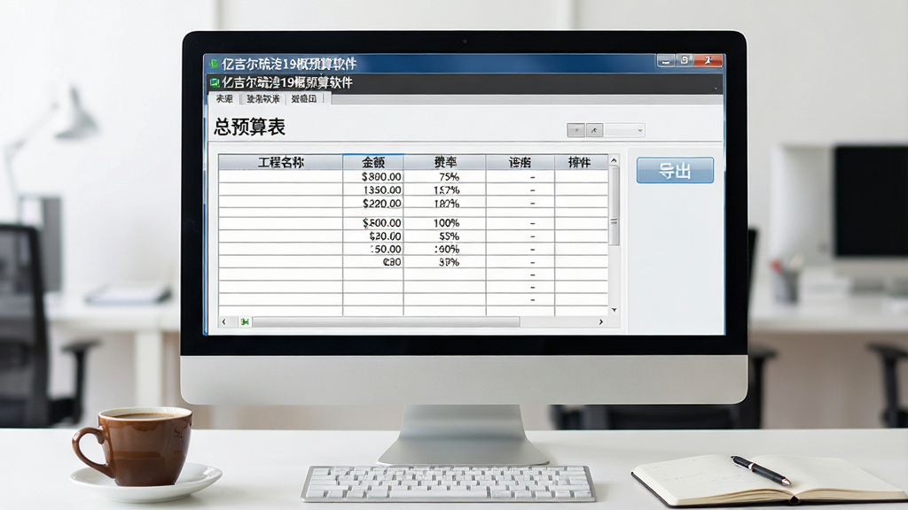 一张表现亿吉尔疏浚19概预算软件报表输出功能的图片。画面中央是一台电脑显示器,屏幕上显示着软件界面,正在预览一份“总预算表”,表格表头包含“工程名称”、“金额”、“费率”等字段,界面右侧有导出按钮。屏幕前方桌面上放着一杯咖啡和一本记事本。布局为居中构图,风格为商务办公写实风格。细节上软件标题栏“亿吉尔疏浚19概预算软件”清晰可见。画质清晰,干净,无多余元素。