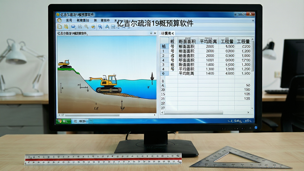 一张展示亿吉尔疏浚19概预算软件工程量计算功能的图片。画面中央是电脑屏幕,屏幕上显示着软件界面,左侧是断面示意图,右侧是工程量计算表格,表格中显示着桩号、断面面积、平均距离、工程量等列。屏幕前方放着一把比例尺和三角板。布局为居中构图,风格为工程技术写实风格。细节上软件界面标题“亿吉尔疏浚19概预算软件”清晰可见。画质清晰,干净,无多余元素。