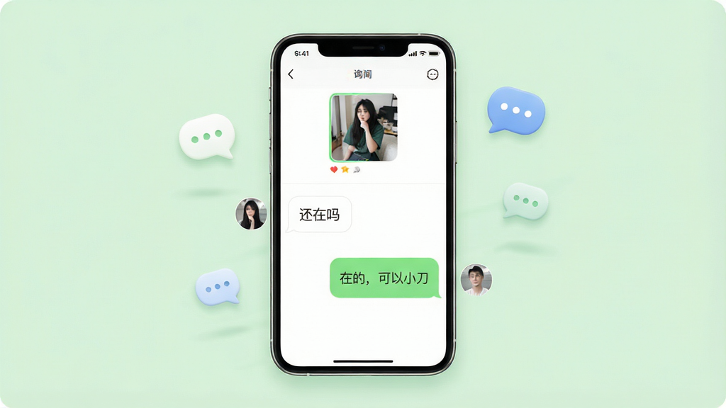 转二手闲置市场应用内聊天界面展示图,画面中央为手机屏幕,屏幕上显示买卖双方对话气泡,左侧为买家询问“还在吗”,右侧为卖家回复“在的,可以小刀”,屏幕上方有商品缩略图,手机周围有聊天气泡图标作为点缀,布局为居中展示,背景为浅绿色柔和色调,风格为移动端UI界面展示,细节上气泡圆润、文字清晰,画质高清,干净整洁,无多余元素