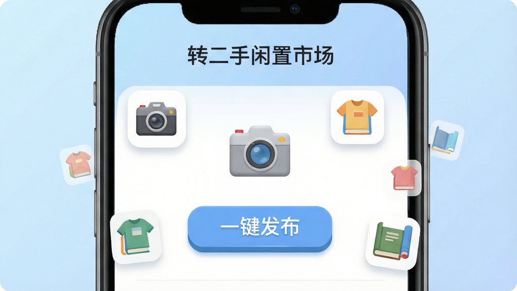 一款名为“转二手闲置市场”的手机应用界面特写图,画面主体为手机屏幕,屏幕上显示商品发布页面,有相机图标和“一键发布”按钮,周围环绕着相机、衣服、书籍等小图标作为装饰,布局采用屏幕居中放大展示,背景为柔和的浅蓝色渐变,风格为扁平化UI展示,细节上按钮有轻微立体感,图标线条清晰,画质为高清,干净无多余元素