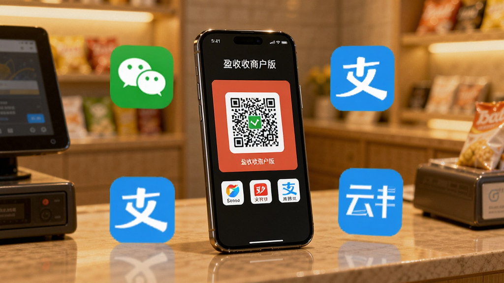 一部手机放置在收银台上,屏幕显示聚合收款码与多个支付图标,周围环绕微信、支付宝、云闪付的抽象标志,背景为暖色调的店铺环境,光线柔和,风格写实,排版突出手机主体,画质清晰,画面中文字为“盈收收商户版”。