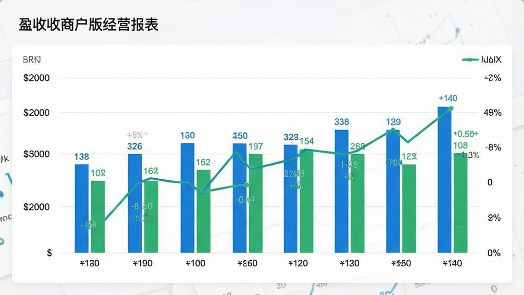 一张简洁的数据看板截图,展示柱状图与折线图,图表颜色以蓝绿为主,背景为白色,四周有金额数字与百分比标注,风格商务简约,排版整齐,画质高清,画面中文字为“盈收收商户版经营报表”。