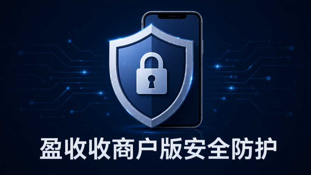 一个盾牌图标与手机结合的安全防护概念图,盾牌上有锁形标志,背景为深蓝色科技感线条,风格稳重专业,排版居中,画质锐利,画面中文字为“盈收收商户版安全防护”。