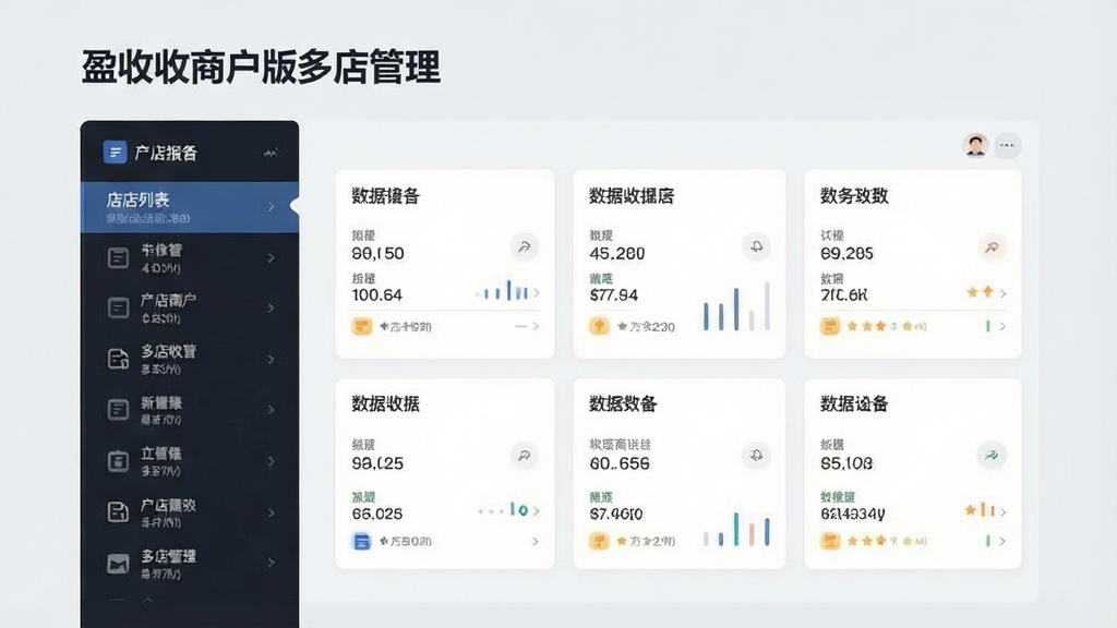 一张多门店管理界面示意图,左侧为门店列表,右侧为对应数据卡片,背景为浅灰色,风格极简商务,排版分栏清晰,画质干净,画面中文字为“盈收收商户版多店管理”。