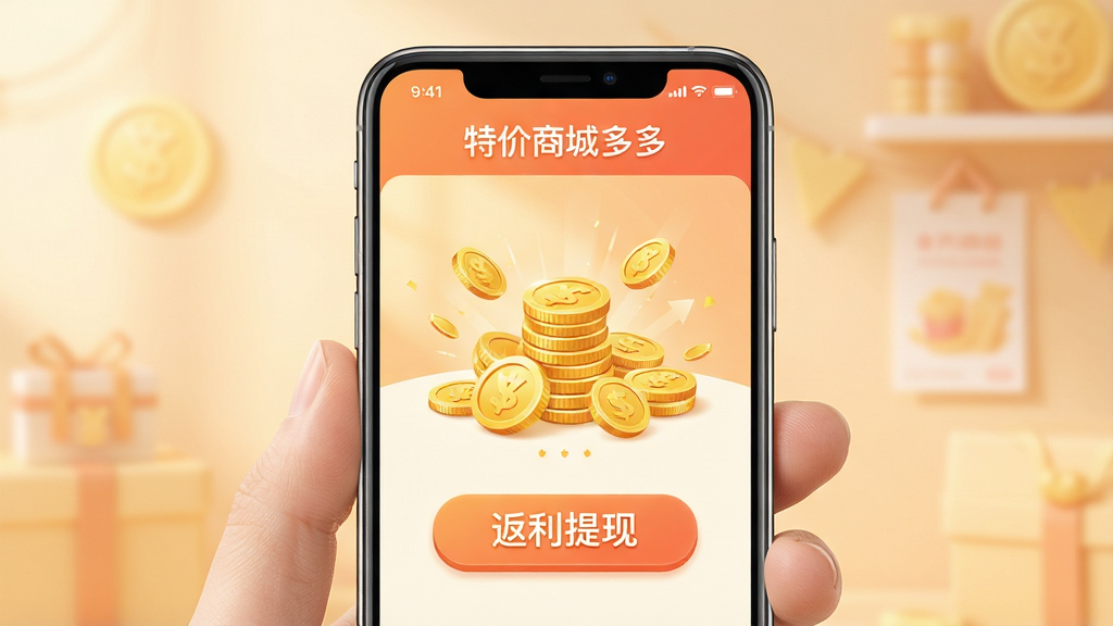 一张展示手机APP界面的图片,界面标题为“特价商城多多”,屏幕中央显示一个金币堆积的动画效果和“返利提现”按钮,背景是柔和的暖色调,风格温馨亲切,细节精致,画质高清,无多余元素