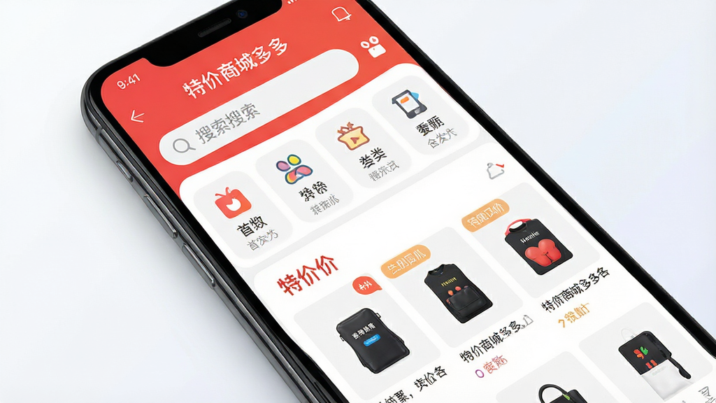 一张展示智能手机屏幕的图片,屏幕中显示“特价商城多多”应用程序的主界面,界面布局清晰,包含搜索栏、分类图标和特价商品瀑布流,背景为干净的浅色渐变,风格现代简约,细节清晰,画质高清,无多余元素