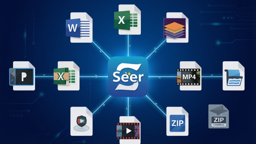 һ��չʾSeer�������ʽԤ�������Ĵ����ͼ������������LogoΪ���ģ��������������ļ����͵�ͼ�꣬����Word�ĵ���Excel����PSDͼ�㡢MP4��Ƶ��Ƭ��ZIPѹ�����ȣ�����ͼ�궼������һ�����������ָ�����ĵ�Seerͼ�꣬����Ϊ����ɫ���䣬���Ϊ��ƽ���Ƽ��У�ϸ�ھ��£����ʸ��壬�ɾ��޶���Ԫ��