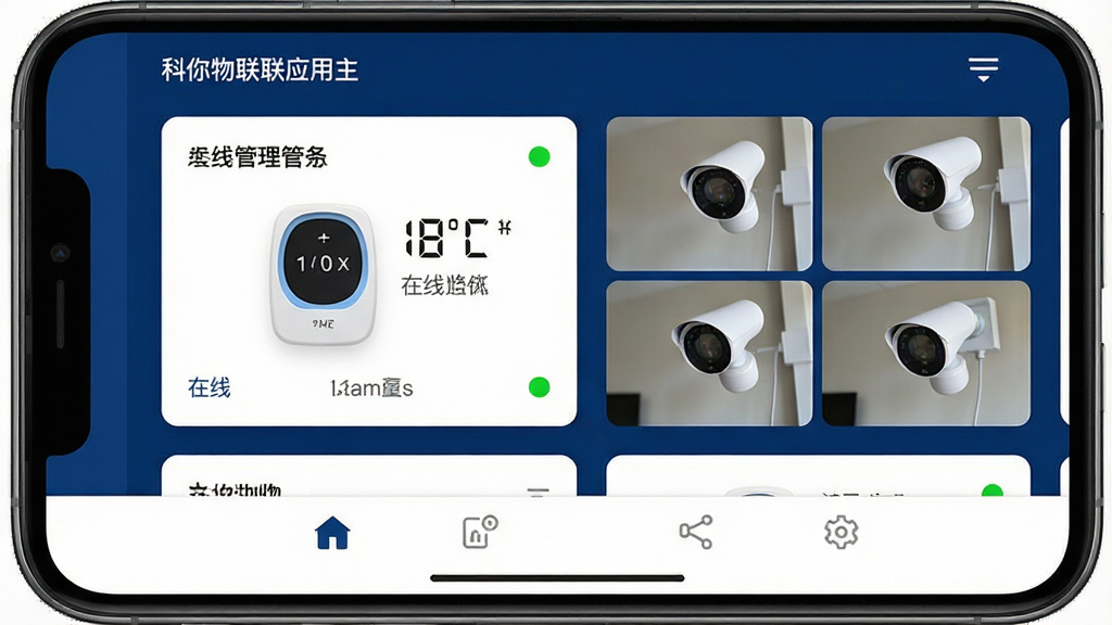 一张展示科什物联应用主界面的手机屏幕截图,画面中央是整洁的设备管理面板,左侧显示温控器卡片,右侧是摄像头画面缩略图,整体布局采用深蓝色调与白色卡片搭配,风格现代简约,细节上包含温度数字、在线状态指示灯、底部导航栏图标,画质清晰干净,无多余元素