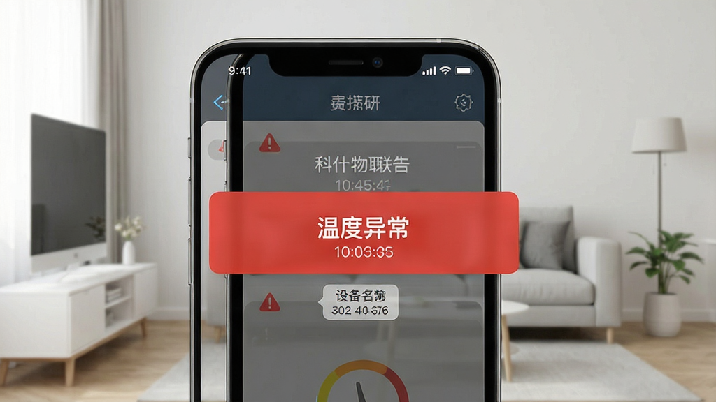 一张表现科什物联告警推送功能的场景图,画面中手机屏幕弹出红色告警横幅,显示“温度异常”字样,背景是简洁的客厅环境,风格写实,细节包含手机状态栏、告警时间戳、设备名称标签,画质清晰干净,无多余元素