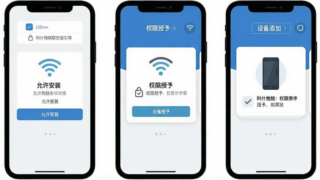 一张展示科什物联安装引导步骤的示意图,画面分为三个并列的手机屏幕,分别显示“允许安装”“权限授予”“设备添加”界面,风格扁平化插画,细节包含勾选图标、Wi-Fi信号符号、设备卡片,画质清晰干净,无多余元素
