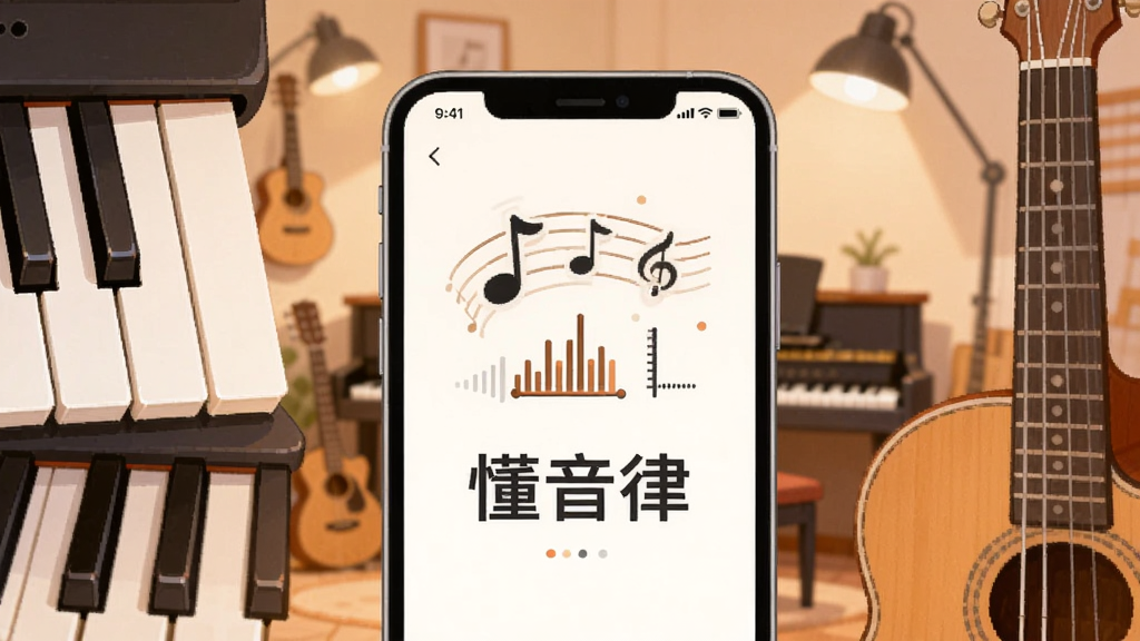 一副展示音乐学习场景的插画,画面中央是一部智能手机,屏幕显示“懂音律”应用界面,上方有音符和节拍器图案,两侧环绕钢琴键盘与吉他琴颈,背景是温馨的琴房,暖色调灯光,风格简洁现代,画质清晰干净,无多余元素
