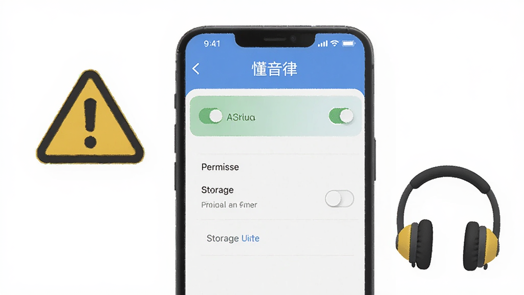 一张AI生成的图片,展示“懂音律”应用在手机上的设置界面,有权限开关和存储选项,旁边有警示图标和耳机,布局清晰,风格扁平化,画质干净无多余元素