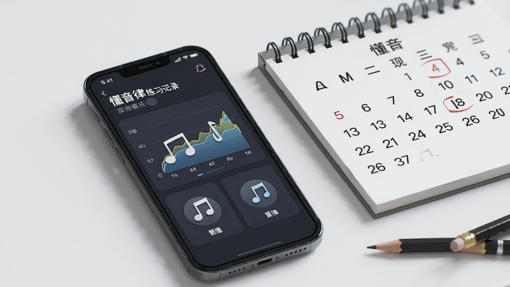 一张展示“懂音律”练习记录界面的AI图片,手机屏幕显示图表和音符图标,旁边有日历和铅笔,布局整洁,风格简约商务,画质清晰