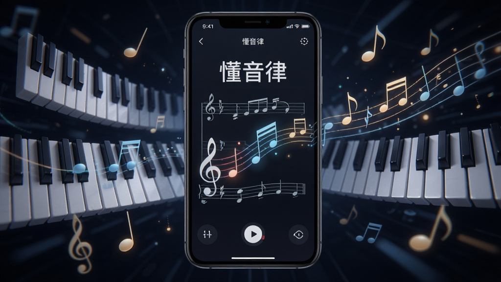 一张AI生成图片,主体是手机屏幕显示“懂音律”正在识别乐谱,屏幕中音符跳动,周围漂浮钢琴键和音符符号,布局居中,风格科技感与音乐感结合,细节丰富,画质高清干净