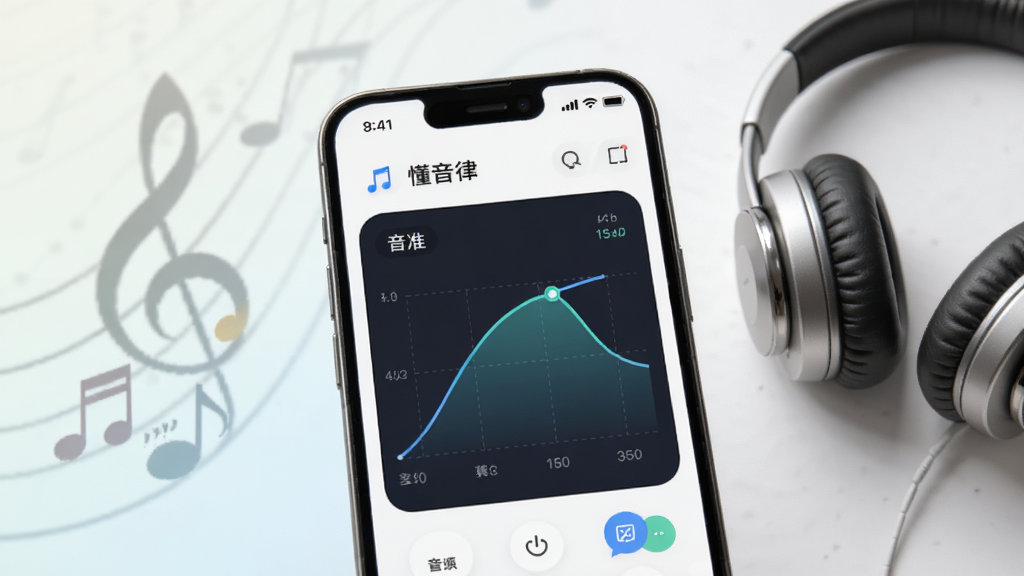 AI生成图片,画面中“懂音律”应用界面显示音准训练曲线,手机旁有音符和耳机,背景淡雅,风格清新,主体突出,画质干净无杂物