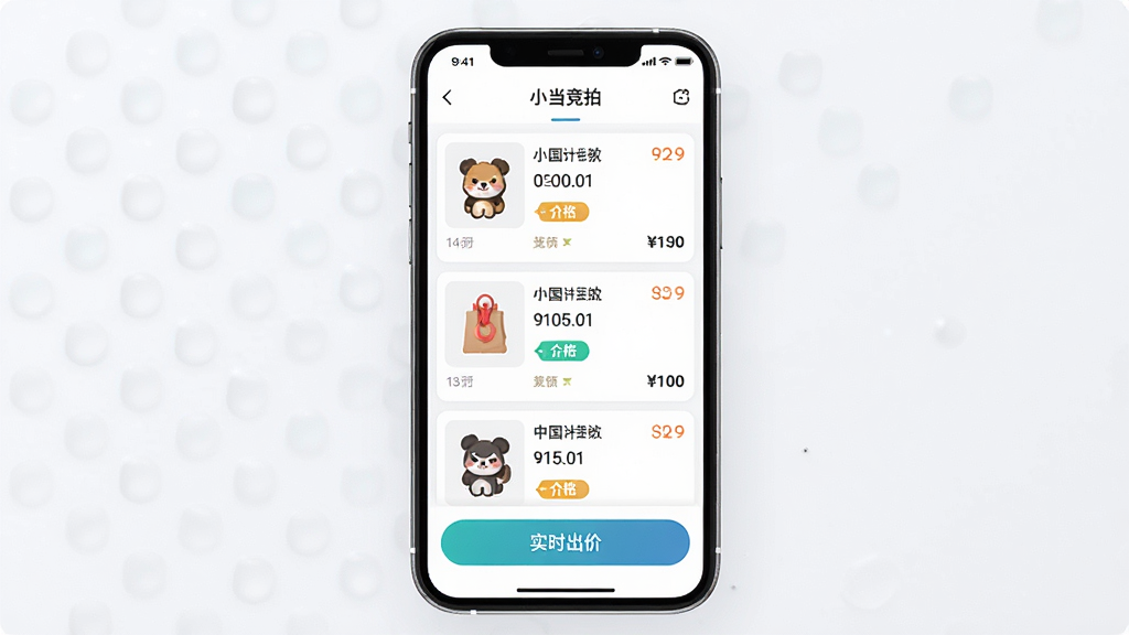一张展示手机屏幕内显示小当竞拍应用界面的图片,画面中心为手机竖屏放置,屏幕中呈现竞拍商品列表与实时出价按钮,整体布局清晰简洁,采用明亮现代科技风格,细节包括商品缩略图、倒计时数字、竞拍价格标签,画质高清,干净,无多余元素