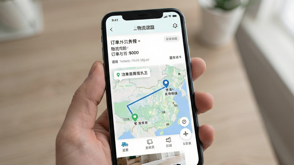 一张小当竞拍订单物流追踪页面的场景图,画面主体为手机屏幕展示订单详情与物流轨迹地图,布局为上中下结构,风格清新浅色,细节有物流节点图标与时间信息,画质清晰,干净,无多余元素