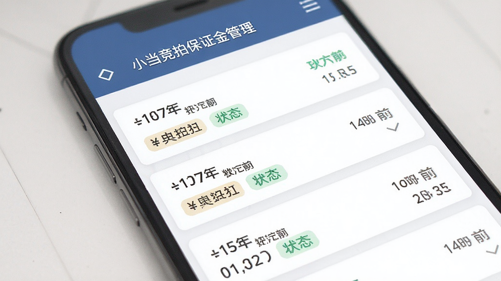一张展示小当竞拍保证金管理页面的图片,画面主体为手机屏幕显示保证金缴纳与退还记录列表,布局为纵向条目式,风格简洁商务,细节包含金额数字、状态标签与时间戳,画质高清,干净,无多余元素