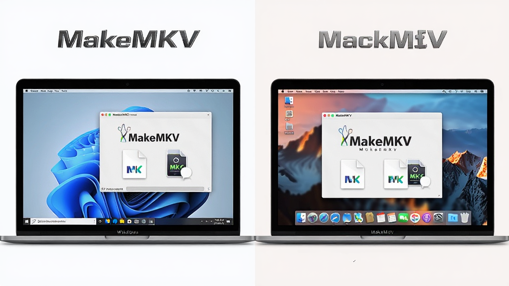 һ��չʾMakeMKV��Windows��macOS˫ƽ̨�����еĶԱ�ʾ��ͼ������Ϊ��̨���ŵıʼǱ�������Ļ������Ϊ���Windows���桢�Ҳ�macOS���棬�Ű�Գƣ����Ϊ��Լ�Ƽ��磬ϸ�ڰ�����ͬ����ϵͳ�Ĵ�����ʽ��MakeMKV������ʶ��MKV�ļ�ͼ�꣬���ʸ���ɾ������������ְ���