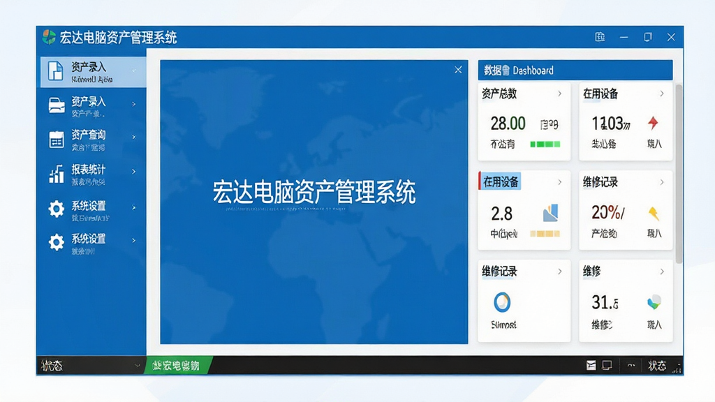 宏达电脑资产管理系统软件界面全貌展示,画面中央为软件主控制台窗口,左侧为功能导航栏包含资产录入、资产查询、报表统计、系统设置等模块图标,右侧为数据仪表盘显示资产总数、在用设备、维修记录等统计卡片,底部为状态栏,整体布局清晰规整,采用蓝白商务配色风格,界面中文字体清晰锐利,细节丰富,画质干净,无多余元素,适合软件官网宣传展示