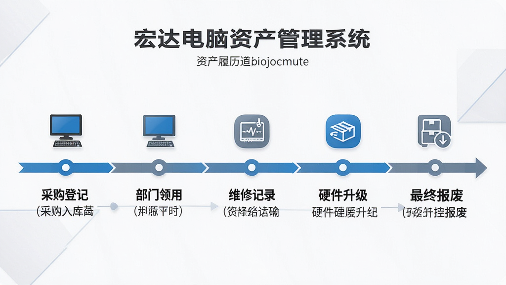 宏达电脑资产管理系统资产履历追踪功能展示,画面以时间轴形式呈现一台电脑从采购入库到报废的完整生命周期,时间轴节点包含采购登记、部门领用、维修记录、硬件升级、最终报废等环节,每个节点配有对应的图标和简要文字说明,整体采用横向时间轴布局,风格简洁商务,色彩以蓝色和灰色为主,画质清晰,干净整洁,无多余元素