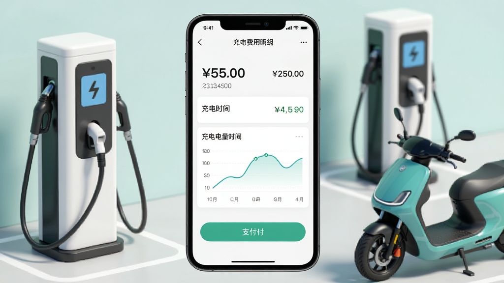 一张展示加电APP充电费用明细页面的手机截图,主体是手机屏幕显示充电订单详情,布局为手机居中、周围环绕充电桩和电动车元素作为装饰,排版为纵向信息流,风格为清新简约的UI展示风,细节包括费用数字、充电时长、电量曲线图、支付按钮,画质高清、干净、无多余元素