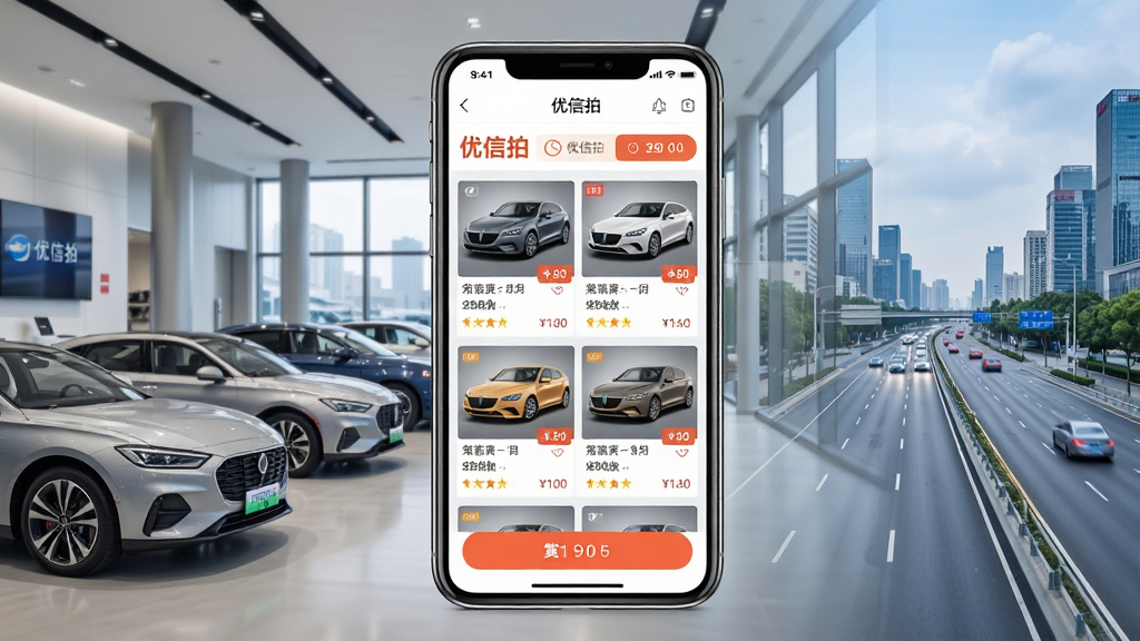 优信拍二手车拍卖平台官方界面全貌展示,画面中央放置一部智能手机,屏幕显示优信拍APP首页,包含车辆列表、竞价按钮、品牌标识“优信拍”字样,背景为现代汽车展厅与城市道路融合场景,布局采用居中构图,手机屏幕内容清晰可见,风格为科技商务写实风,细节包括车辆缩略图、价格标签、倒计时竞价元素,画质高清,干净无多余元素