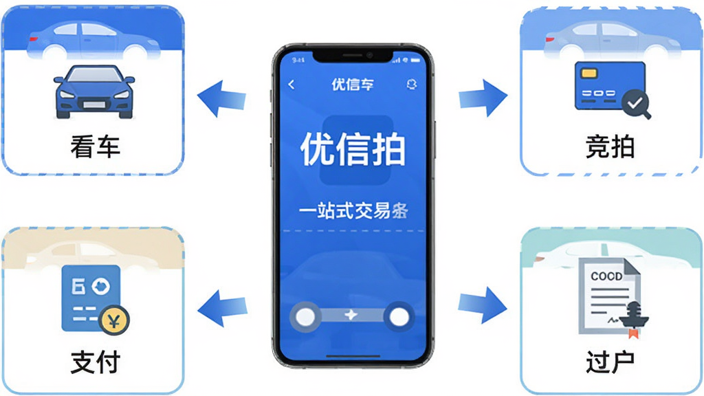 优信拍一站式交易服务流程图,画面以手机界面为中心,向外延伸出看车、竞拍、支付、过户四个模块,模块之间用箭头连接,整体布局为放射状,风格为扁平化商务信息图,细节包括“优信拍”品牌色、车辆图标、支付图标、合同图标,画质高清,干净无多余元素