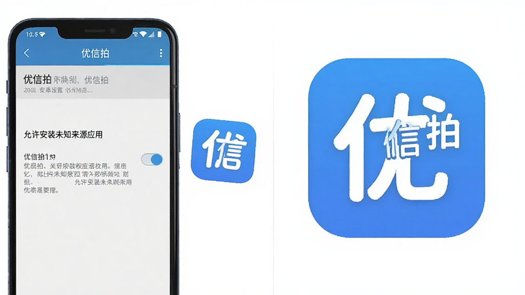 优信拍安卓手机安装权限设置界面示意图,画面主体为手机屏幕显示设置菜单中的“允许安装未知来源应用”开关,旁边有优信拍APP图标,布局为左右分栏,左侧为设置界面,右侧为APP图标放大展示,风格为扁平化教程插图,细节包括“优信拍”文字、开关按钮高亮、权限提示文字,画质清晰,干净无多余元素