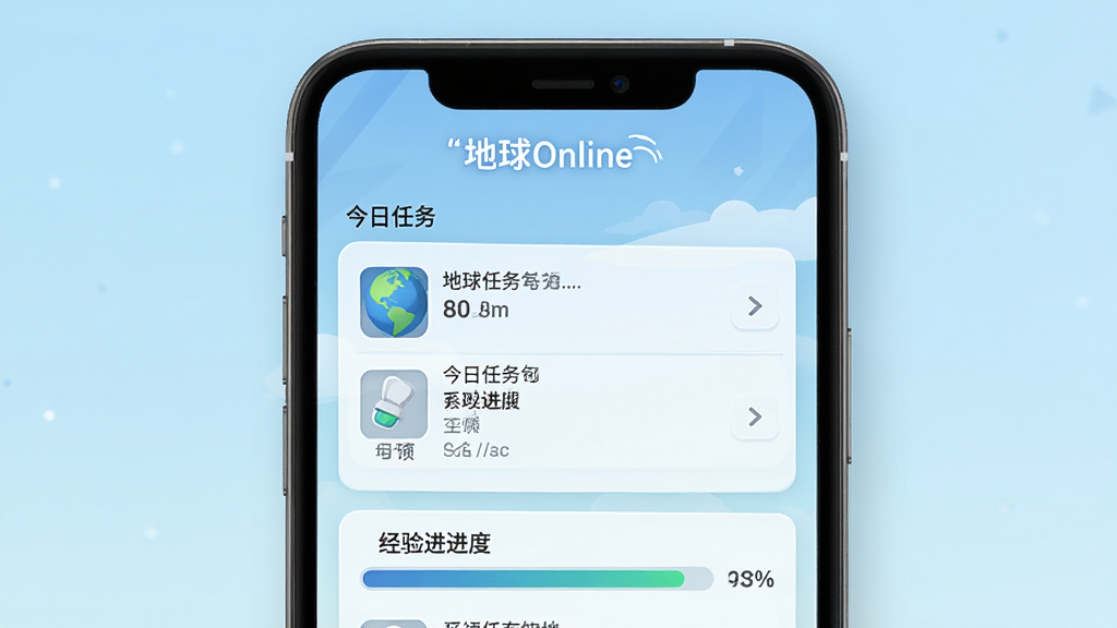 地球Online任务系统界面截图,画面以俯视角度展示手机屏幕,屏幕内显示今日任务列表与经验进度条,背景为淡蓝色渐变,风格清新简约,细节清晰,画质高清,干净无多余元素,屏幕上方有