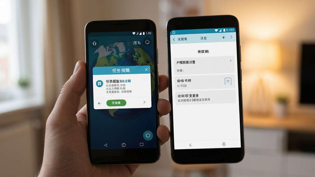 地球Online移动端操作界面示意图,画面展示一部安卓手机手持状态,屏幕内显示应用的任务提醒弹窗与权限设置页面,背景为室内柔和光线,风格写实,细节清晰,画质高清,干净无多余元素