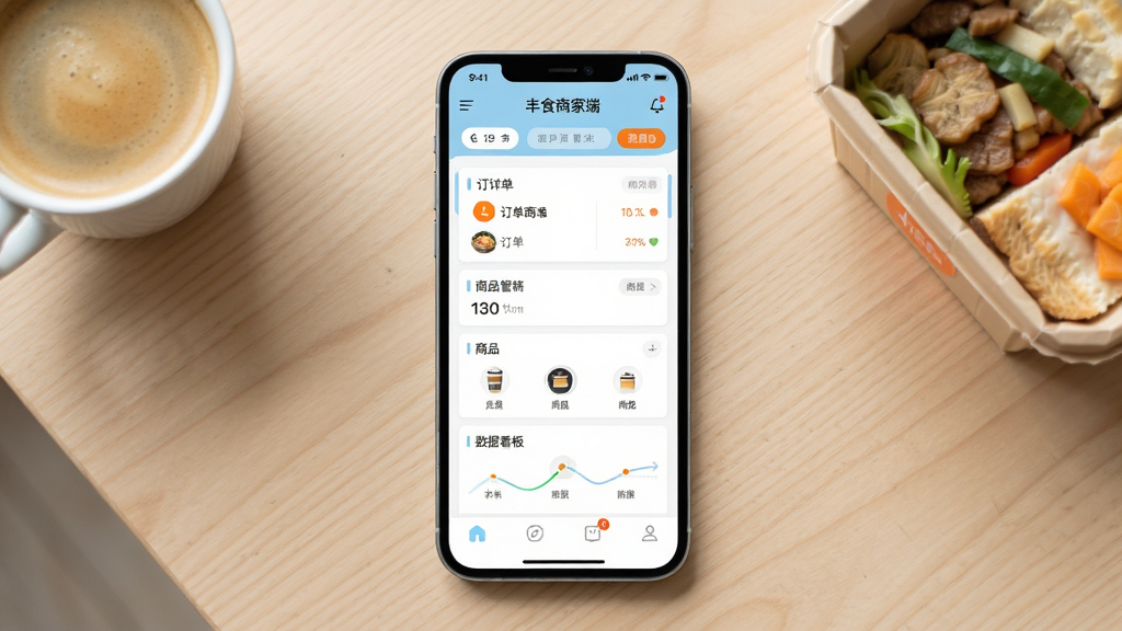 画面主体为一台竖屏智能手机,手机屏幕中显示“丰食商家端”软件的主界面,界面包含订单列表、商品管理和数据看板等模块,布局为手机居中放置在浅色木质桌面上,周围点缀一杯咖啡与一份餐盒,风格为现代简约商务风,细节上屏幕内文字清晰可见,整体色调以白色、浅蓝和橙色为主,画质高清干净,无多余元素