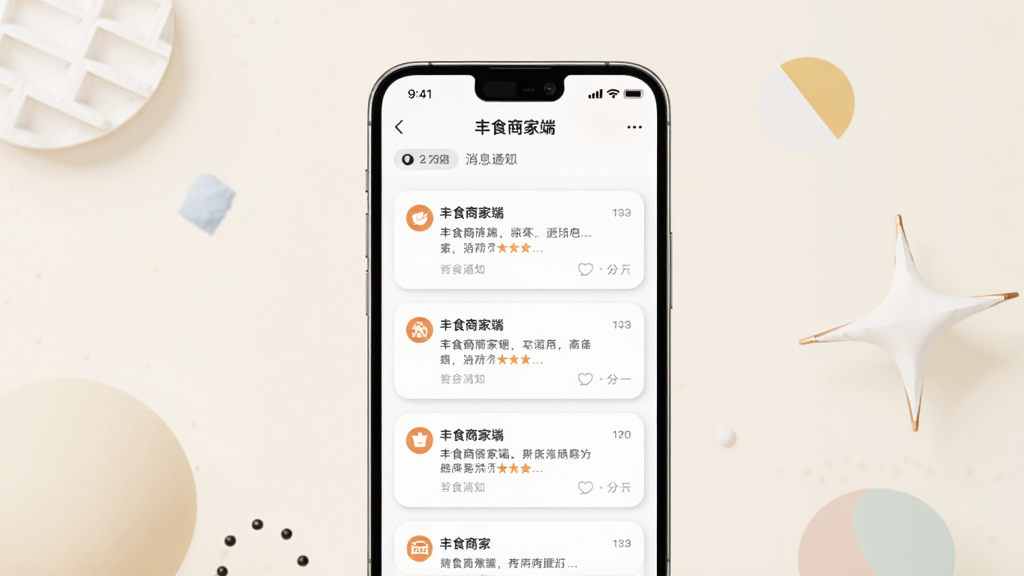 画面主体为手机屏幕显示“丰食商家端”的消息通知页面,页面中有多条通知卡片,布局为手机竖立在浅色背景前,周围有简洁的几何装饰,风格为扁平化现代风,细节上卡片带有微阴影,画质清晰干净,无多余元素