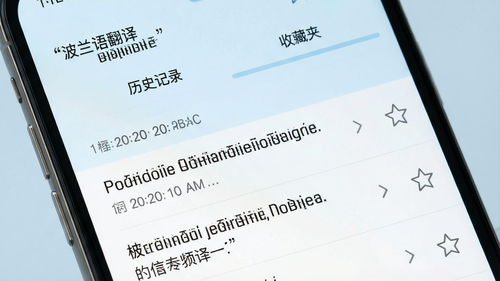 一张展示波兰语翻译历史记录与收藏夹功能的界面图,画面为手机屏幕特写,屏幕内显示翻译历史列表和收藏夹标签页,列表项包含波兰语与中文对照文本,右侧有星标收藏图标,背景为柔和的浅蓝色,布局上下结构,风格干净清爽,细节上突出时间戳和收藏状态,画质高清,无多余元素,画面中文字使用引号标注“波兰语翻译”“历史记录”“收藏夹”。