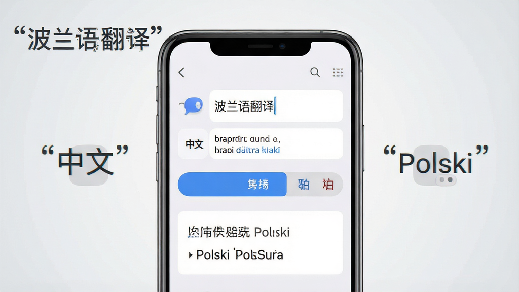 一张展示波兰语翻译手机应用界面的效果图,画面中央为一部现代智能手机,屏幕显示波兰语翻译应用主界面,包含中文与波兰语双语输入框、翻译按钮和语言切换图标,背景为简洁的浅灰色渐变,布局居中对称,风格清新简约,细节上突出应用图标和翻译结果展示区域,画质高清,干净无多余元素,画面中文字使用引号标注“波兰语翻译”“中文”“Polski”。