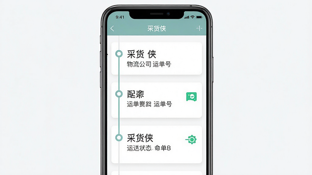 一张展示“采货侠”订单物流跟踪页面的手机截图,主体为手机屏幕中显示的物流轨迹信息,布局为手机居中、物流节点从上到下排列,风格为简约实用风,细节包含物流公司名称、运单号、配送状态图标等元素,画质高清,干净,无多余元素