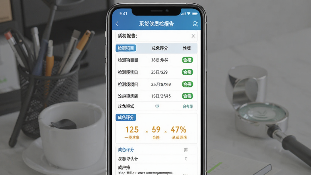 一张展示“采货侠”质检报告的界面截图,主体为手机屏幕中显示的质检报告页面,布局为手机居中、报告内容从上到下排列,风格为专业商务风,细节包含检测项目列表、合格标识、成色评分等元素,画质高清,干净,无多余元素