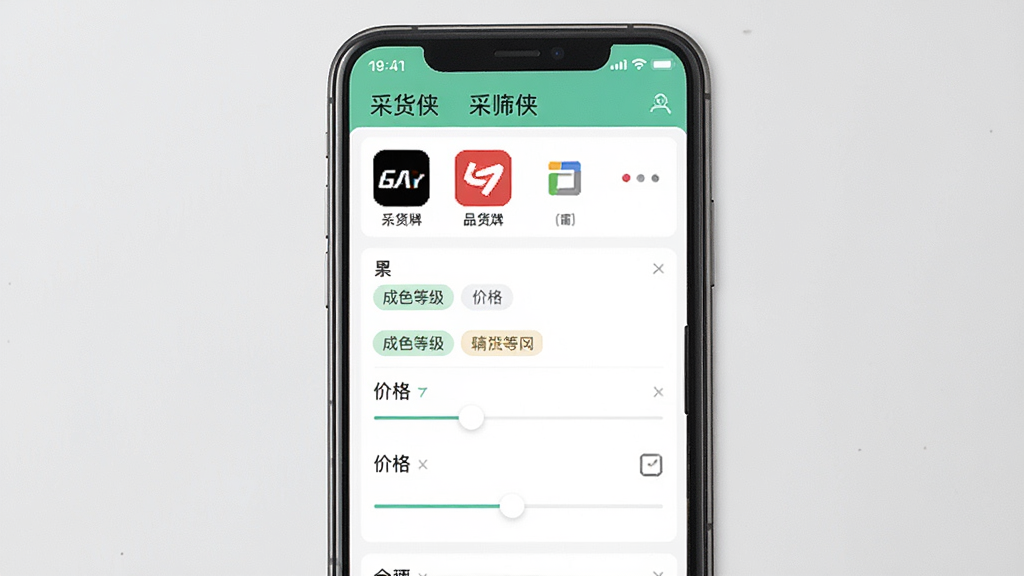 一张展示“采货侠”APP中商品筛选功能的界面图,主体为手机屏幕特写,屏幕中显示“采货侠”的商品筛选面板,布局为手机居中、筛选选项从上方依次排列,风格为清新简洁的移动端UI风格,细节包含品牌图标、成色等级标签、价格区间滑块等元素,画质高清,干净,无多余元素