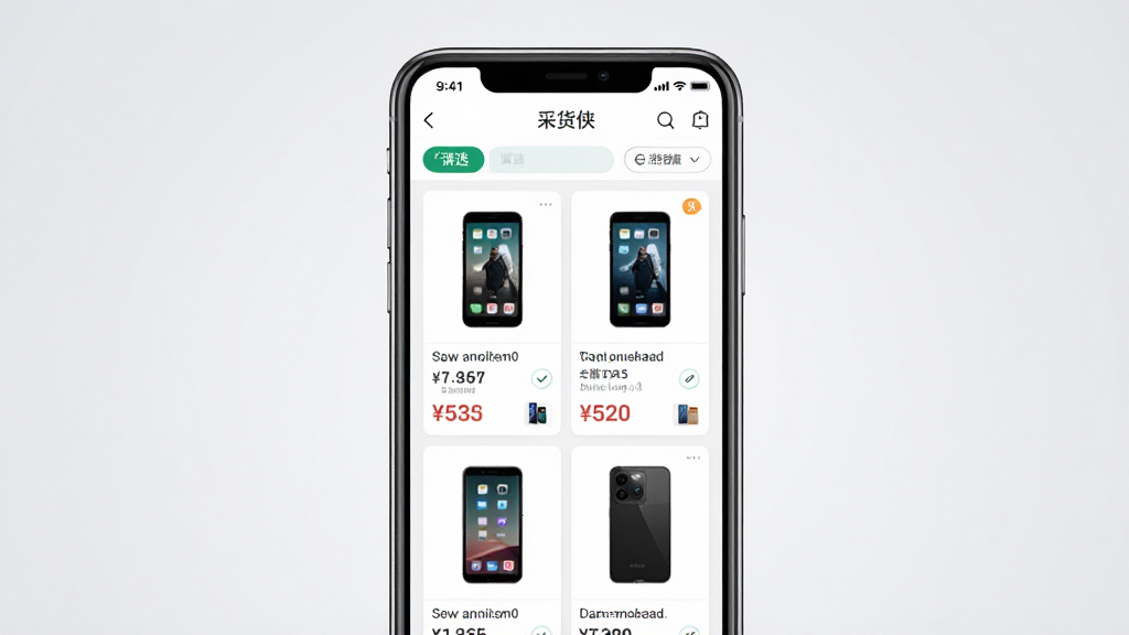 一张展示“采货侠”APP界面的手机预览图,主体为一部竖屏智能手机,屏幕中显示“采货侠”APP的商品列表页面,包含多款二手手机商品卡片和价格标签,布局为手机居中放置,背景为浅灰色渐变,风格为科技简约风,细节包含商品缩略图、价格数字、筛选按钮等元素,画质高清,干净,无多余元素