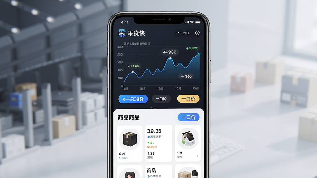 一张展示“采货侠”价格走势与一口价功能的界面图,主体为手机屏幕中显示的价格图表和商品列表,布局为手机居中、图表在上方商品在下方,风格为现代科技风,细节包含折线图、价格数字、一口价按钮等元素,画质高清,干净,无多余元素