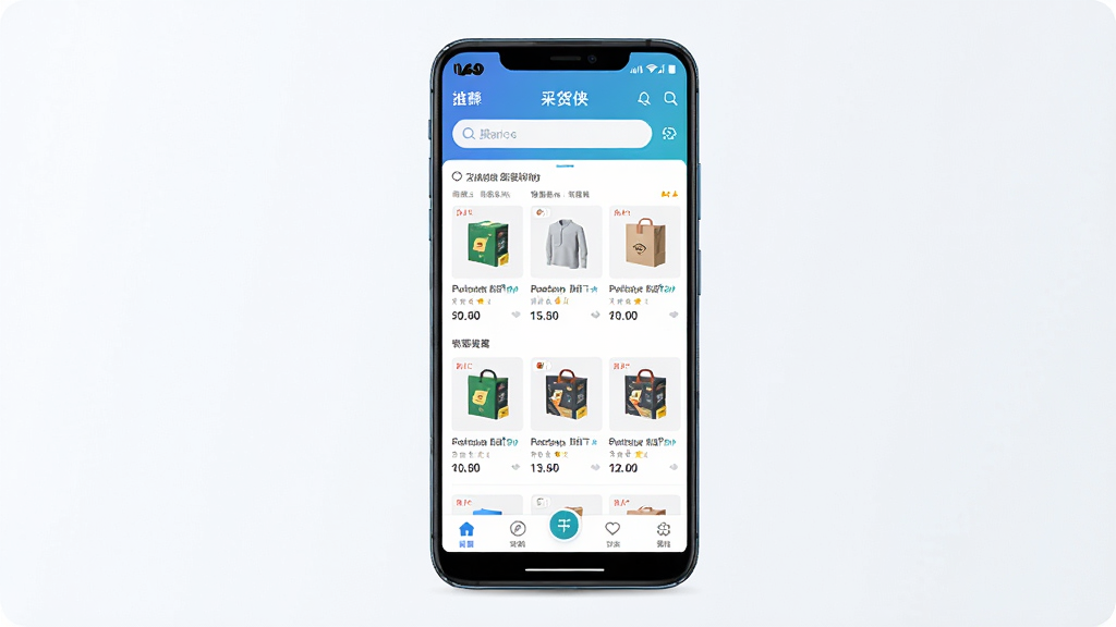 一张展示“采货侠”APP在安卓手机上运行流畅的示意图,主体为手机屏幕中显示的APP首页,布局为手机居中、首页内容从上到下排列,风格为清爽明快的科技风,细节包含搜索栏、商品推荐位、底部导航栏等元素,画质高清,干净,无多余元素