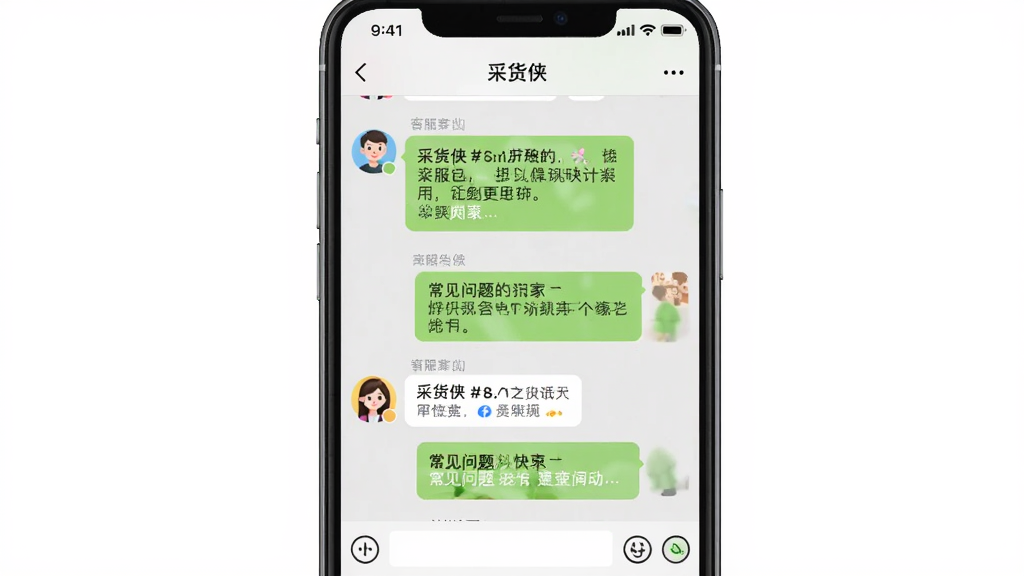 一张展示“采货侠”客服聊天界面的手机截图,主体为手机屏幕中显示的客服对话窗口,布局为手机居中、对话气泡从上到下排列,风格为友好亲切的移动端风格,细节包含客服头像、聊天气泡、常见问题快捷按钮等元素,画质高清,干净,无多余元素