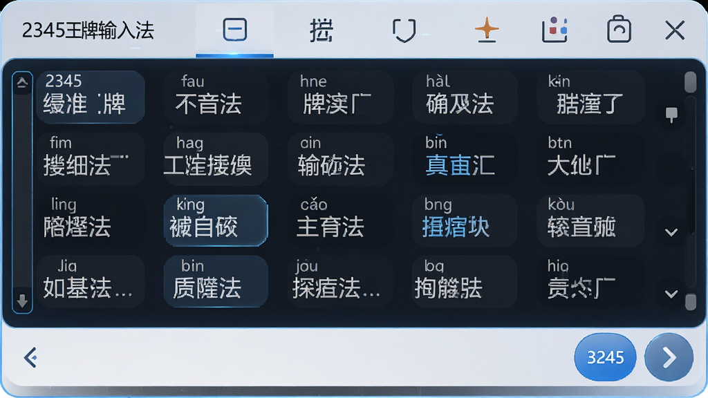 一张展示2345王牌输入法智能拼音输入功能的图片,画面主体是输入法候选框正在显示整句联想结果,布局上候选词排列整齐,风格科技感十足,细节包含拼音串、候选词高亮、翻页按钮,画质清晰,干净,无多余元素