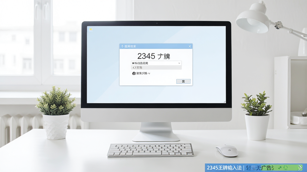一张表现2345王牌输入法轻量无广告特点的图片,画面主体是一个干净的电脑桌面,右下角显示输入法状态栏,布局简洁,风格清新明亮,细节包括无弹窗、无广告横幅的清爽界面,画质清晰,干净,无多余元素