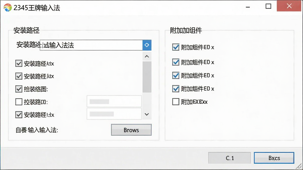 一张展示2345王牌输入法安装设置界面的图片,画面主体是安装向导窗口中的自定义选项区域,布局上左侧为安装路径选择、右侧为附加组件勾选框,风格简洁实用,细节包含复选框、浏览按钮,画质清晰,干净,无多余元素