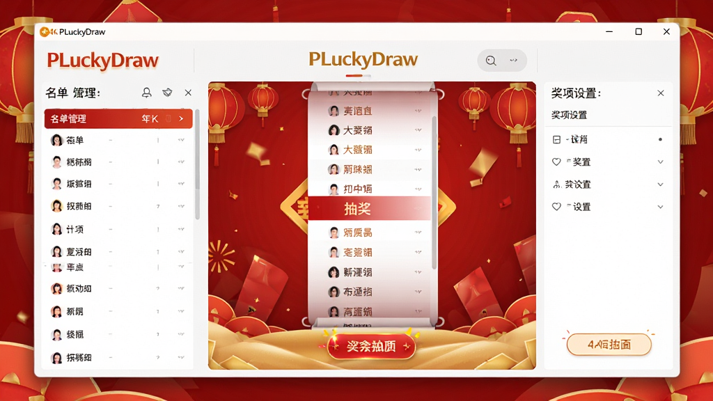 һ�ſ�������������չʾͼ��������PLuckyDraw�����齱�����������������ڣ�����Ϊ����������������м�����齱չʾ�����Ҳཱ��������壬�Ű��������򣬷��Ϊ�ִ���ƽ���Ƽ��磬ϸ�ڰ�����ɫϲ�챳������ɫ���塢�����������б�����˸�ĳ齱��ť������Ϊ4K���壬����ɾ����࣬�޶���װ��Ԫ��