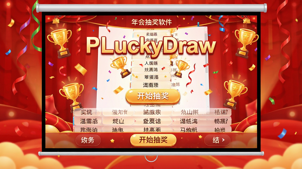 һ��PLuckyDraw�����齱�������齱����ʱ�Ķ�̬����ͼ��������ͶӰ����Ļ�ϵĹ������ֺͳ齱��ť������Ϊ���д���⡢�·������������򡢵ײ����������Ű�����Ӿ�����������Ϊϲ����շ磬ϸ�ڰ�����ɫ����ͼ�ꡢ��ɫ�������ʴ�Ʈ��Ч���͡���ʼ�齱�����������ʸ��壬����ɾ����޶���Ԫ��