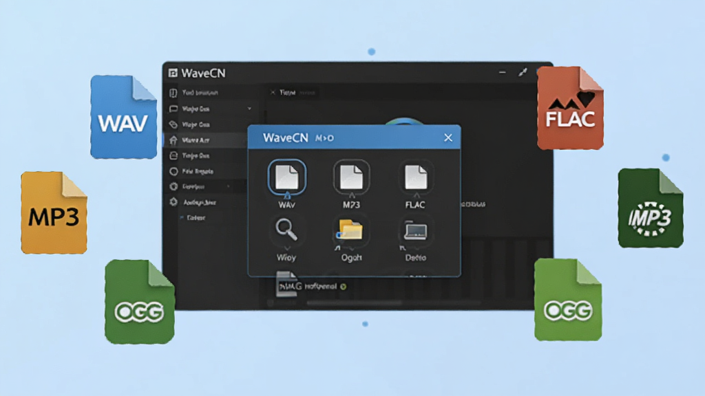 һ��չʾWaveCN�������ʽ��Ƶ���뵼�����ܵ�ʾ��ͼ����������������������һ���ļ���ʽѡ�񵯴�����ΧƯ����WAV��MP3��FLAC��OGG�ȸ�ʽͼ�꣬����Ϊ����ɫ���䣬�����Ƽ��У������������޶���Ԫ��